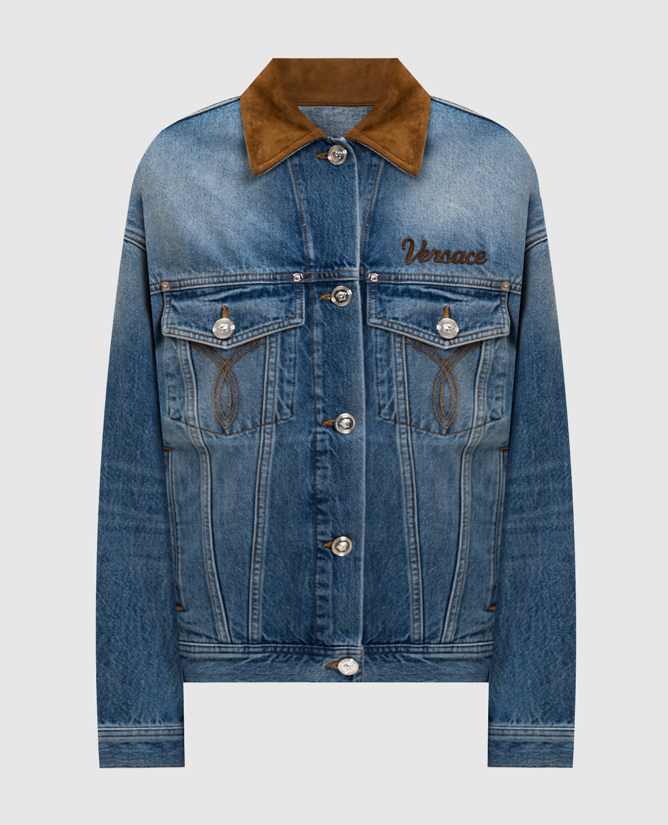 【新品未使用タグ付き】REVICE DenimViceJeanBlueCrest Versace - Синяя джинсовая куртка с замшевым воротником