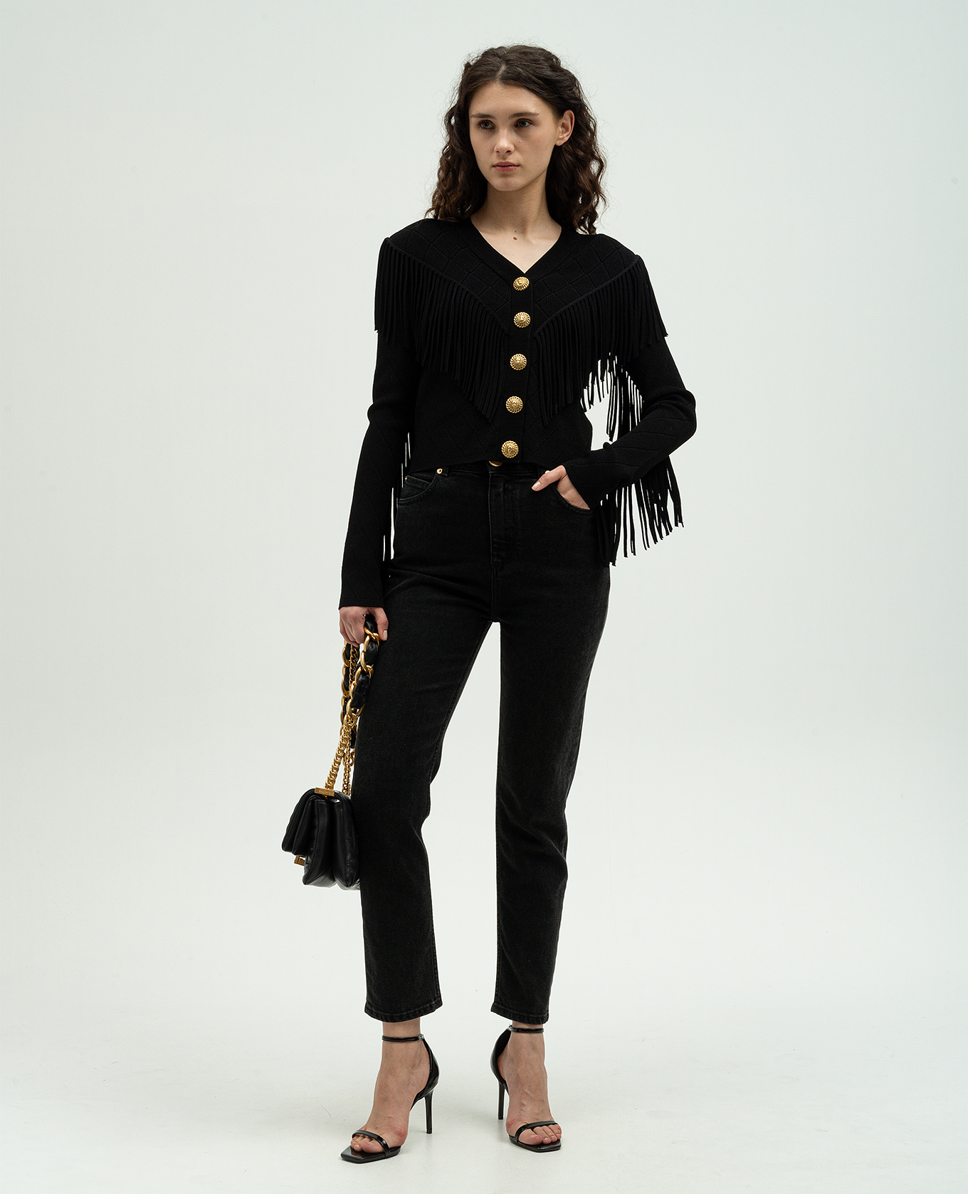 Balmain - Черный кардиган с бахромой CF1KL140KF53 купить в Symbol
